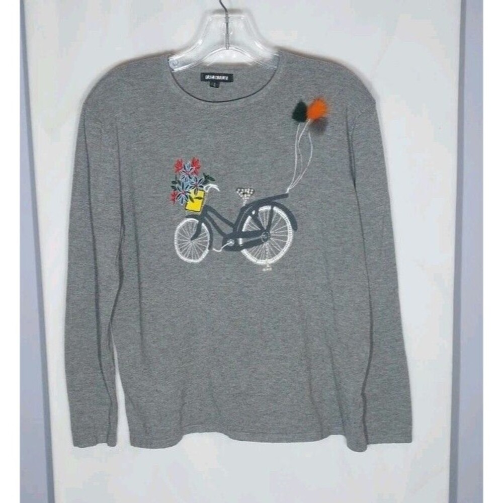 Vintage Gray Beaded Bicycle Sweater L Wool Cashmere Blend Embroidered Floral